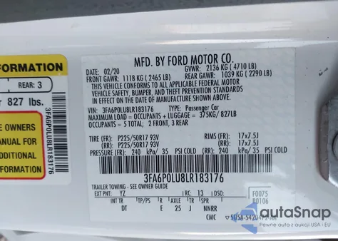 2020 Ford Fusion Hybrid Se z USA, uszkodzony, nr VIN 3FA6P0LU8LR183176